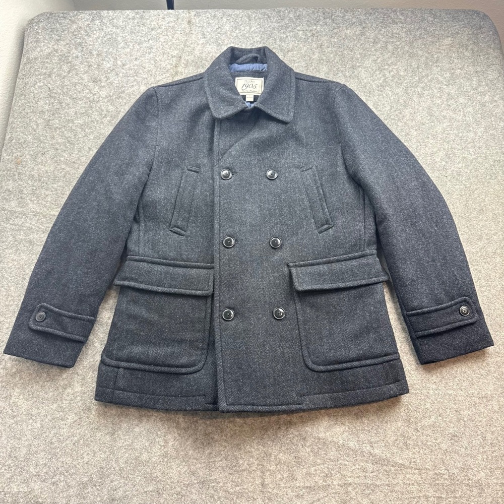 JOS A Bank Pea Coat Mens Large Gray Wool Blend Double Breasted Herringbone
